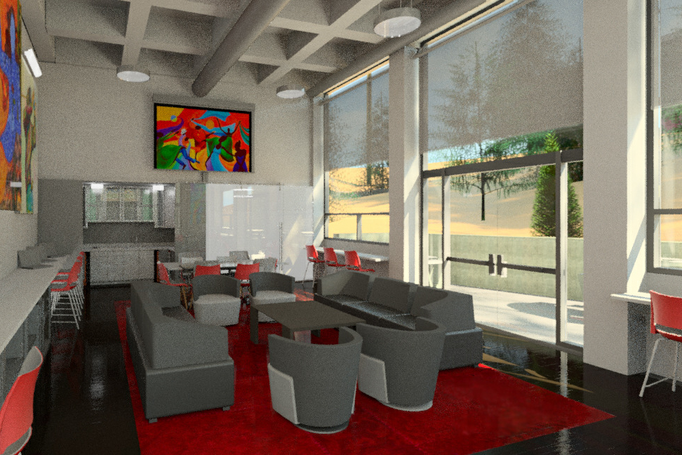 Architectural rendering of the new MultiCultural Center featuring gray and red chairs, tables, and a large window